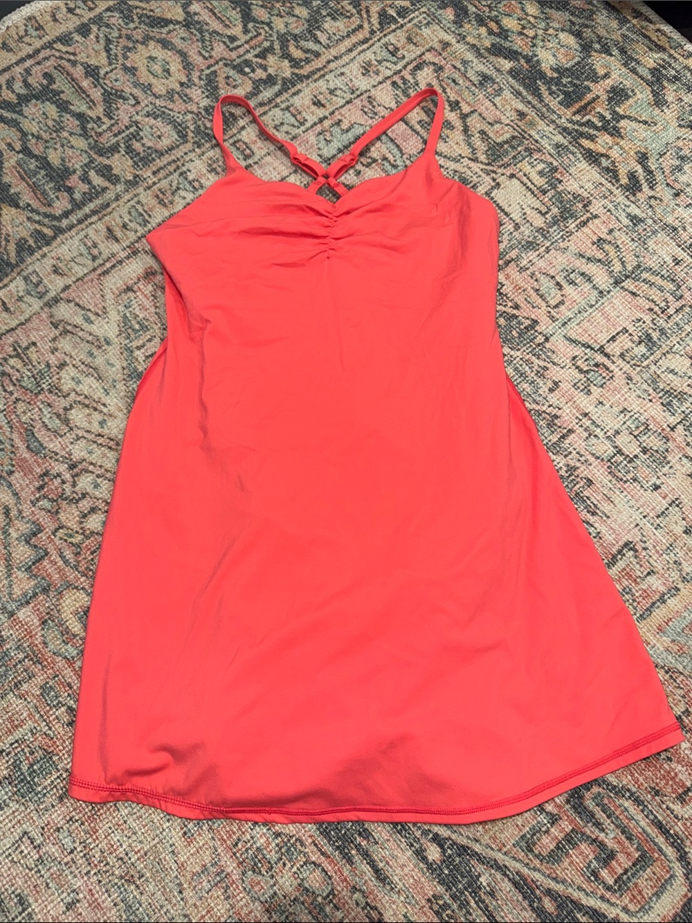 Coral Pink Strappy Mini Dress with Ruched Bust